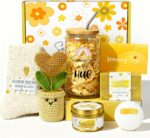 Cesta de presente relaxante para mulheres com caneca, vela, sabonete, bomba de banho e meias para autocuidado e bem-estar