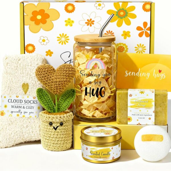 Cesta de presente relaxante para mulheres com caneca, vela, sabonete, bomba de banho e meias para autocuidado e bem-estar