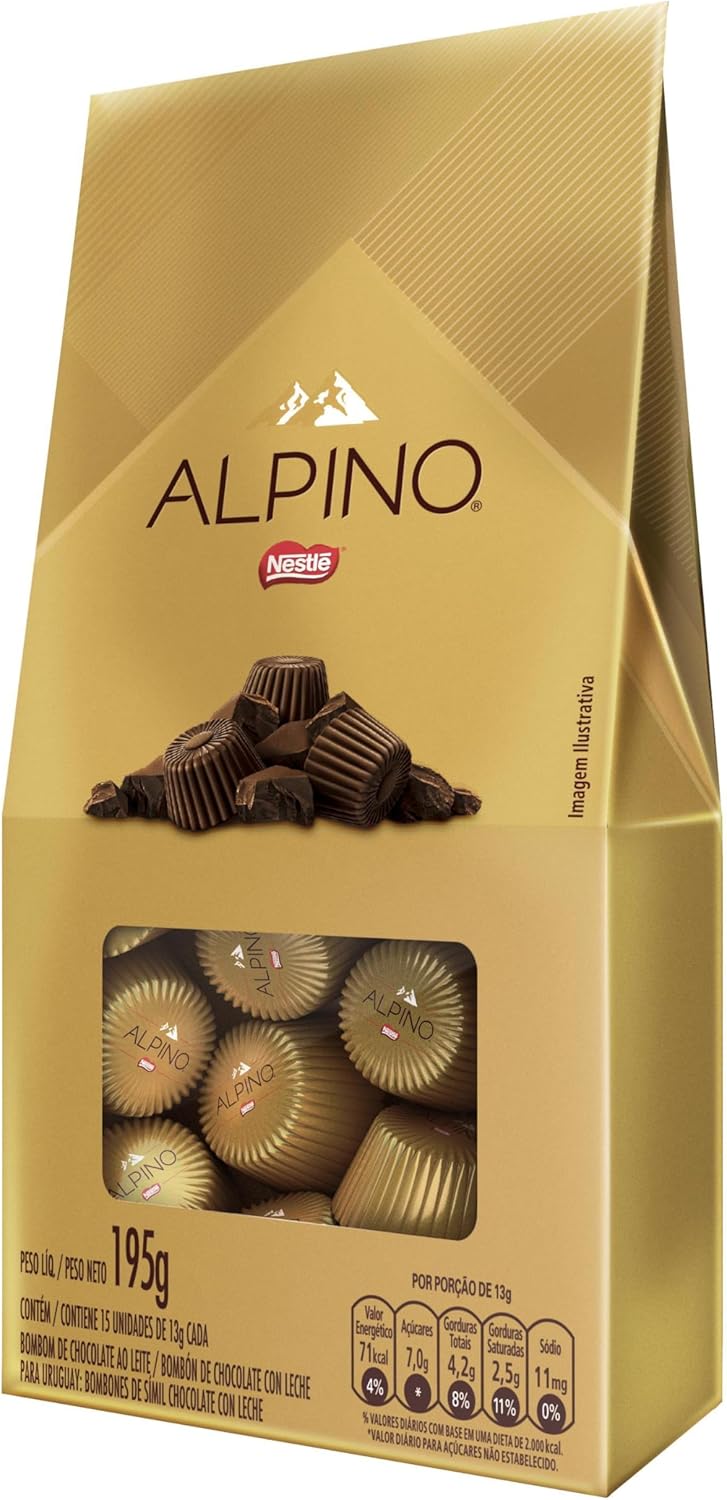 Chocolate ALPINO 195g: chocolate Nestlé suave e cremoso com sabor Chocolate ALPINO 195g: chocolate Nestlé suave e cremoso com sabor dos Alpes Suíços, perfeito para sua compra.