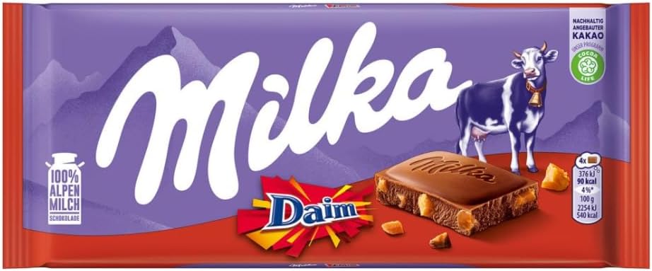 Chocolate Milka Ao Leite Daim 100G: barra cremosa com cristais Chocolate Milka Ao Leite Daim 100G: barra cremosa com cristais de caramelo crocante e sabor irresistível para comprar e saborear.