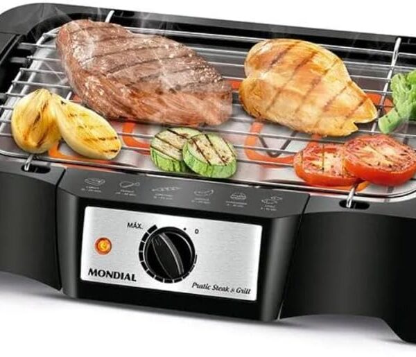 Churrasqueira Elétrica Mondial Pratc Steak e Grill CH-07 127V: compacta, não faz fumaça e grelha carnes com praticidade e rapidez.
