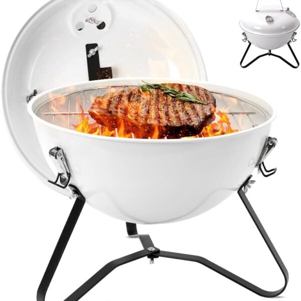Churrasqueira Esmaltada Portátil a Carvão com Termômetro, ideal para camping, uso doméstico e churrasco prático.