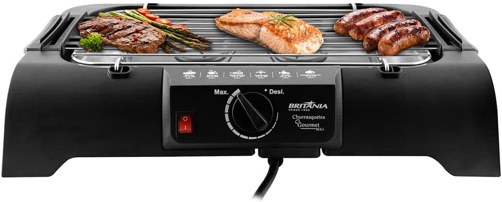 Churrasqueira Gourmet Britânia 1200W: grelha inox, 2 alturas e bandeja Churrasqueira Gourmet Britânia 1200W: grelha inox, 2 alturas e bandeja 1,2L para assados práticos e saborosos.