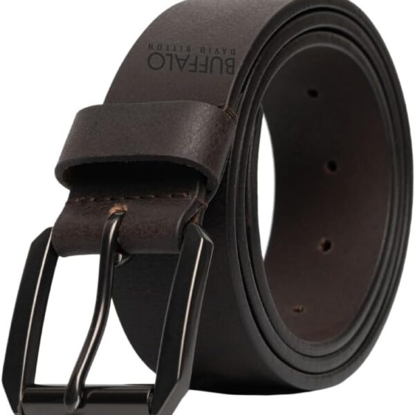 Cinto Buffalo David Bitton em couro genuíno preto ou marrom escuro, ideal para jeans e estilo masculino elegante.