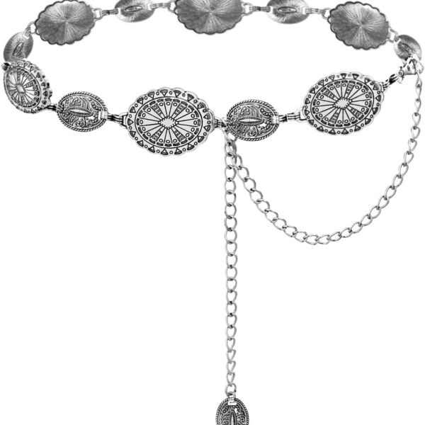 Cinto de corrente metal TOPACC feminino, estilo western para vestidos e jeans, com visual marcante e versátil.