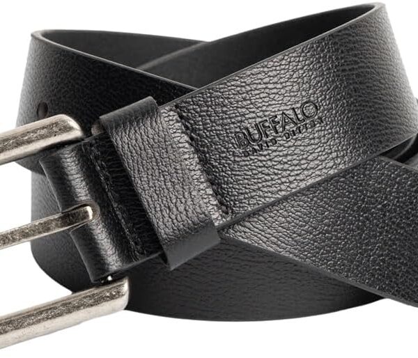 Cinto masculino Buffalo David Bitton em couro genuíno, preto ou marrom escuro, ideal para jeans e uso casual.