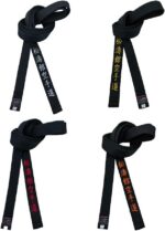 Cinto preto Shotokan Karatê bordado em poliéster, ideal para artes marciais e clube júnior, com 3,8 cm de largura e ajuste confortável.