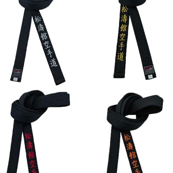 Cinto preto Shotokan Karatê bordado em poliéster, ideal para artes marciais e clube júnior, com 3,8 cm de largura e ajuste confortável.