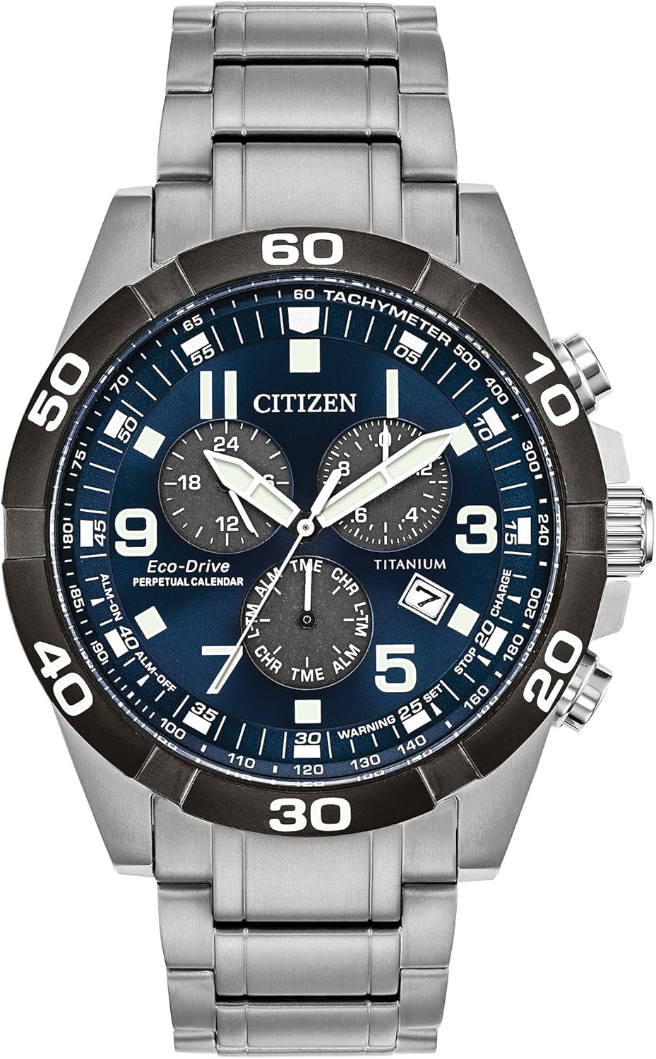 Citizen Brycen Chronograph Super Titanium com Eco-Drive, calendário perpétuo e Citizen Brycen Chronograph Super Titanium com Eco-Drive, calendário perpétuo e alarme para uso esportivo e casual