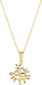 Colar Árvore da Vida banhado a ouro 18k com zircônias coloridas: símbolo de proteção, fé e elegância, pronto para presentear.