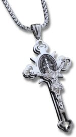 Colar Crucifixo com Medalha de São Bento em Aço Inoxidável Prateado: proteção, fé e estilo unissex com corrente de 60cm.