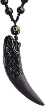 Colar Dente de Predador em Obsidiana Negra: proteção espiritual, força e equilíbrio, 70cm, unissex, com bolsa de veludo