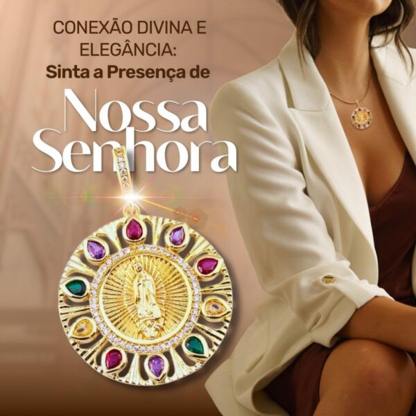Colar Feminino Santa Maria cravejado com zircônias: fé, elegância e devoção em uma semijoia dourada com bolsa de veludo.