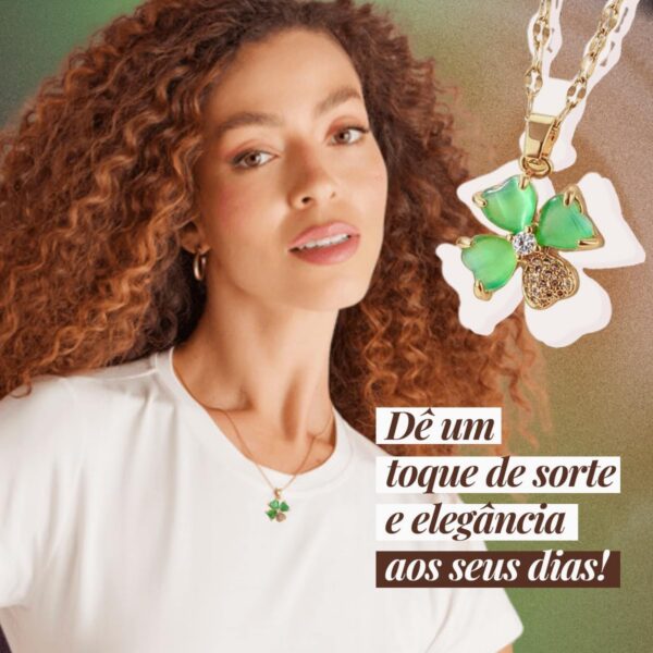 Colar Feminino Trevo de Quatro Folhas Emerald Hope: sorte, elegância e ouro 18K com zircônia verde, 40cm.