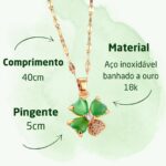 Colar Feminino Trevo de Quatro Folhas Emerald Hope: sorte, elegância e ouro 18K com zircônia verde, 40cm. - Imagem 2