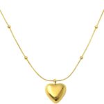 Colar bolinha com pingente coração em aço inox dourado, delicado e ideal para presente feminino.