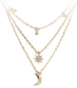Colar feminino sol e lua banhado a ouro, delicado e ajustável, ideal para presente