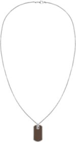 Colar masculino Tommy Hilfiger em aço inox e couro marrom com logo, estilo sofisticado e durável