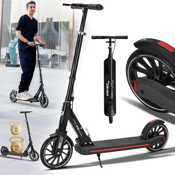 Commuter Scooter dobrável: suporta 150 kg, rodas de 20 cm e altura ajustável para mobilidade segura e prática.