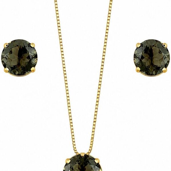 Conjunto Colar e Brinco Folheado a Ouro 18K com Pedra Spinel Cinza, elegante e hipoalergênico para presentear com significado.