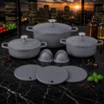 Conjunto Jogo de Panelas com 3 Caçarolas Aquecimento Uniforme Alta Durabilidade Compatível Gás Indução Elétrico Estrutura Resistente com 2 Pegadores 3 Descansos de Panela Silicone Premium (Cinza)