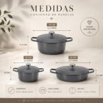 Conjunto Jogo de Panelas com 3 Caçarolas Aquecimento Uniforme Alta Durabilidade Compatível Gás Indução Elétrico Estrutura Resistente com 2 Pegadores 3 Descansos de Panela Silicone Premium (Cinza) - Imagem 2