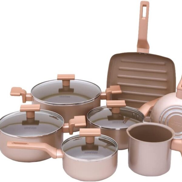 Conjunto Mimo Style Sartin Cook Champanhe 7 peças: antiaderente, elegante e ideal para fogão a gás e elétrico.