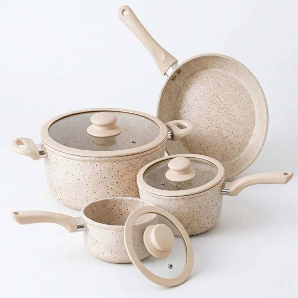 Conjunto de Panelas 4 Peças Cerâmica Bege: antiaderente, com tampas Conjunto de Panelas 4 Peças Cerâmica Bege: antiaderente, com tampas de vidro e design elegante para sua cozinha.