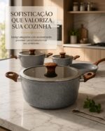 Conjunto de Panelas 5 Peças Antiaderente para Indução: cozinha sem grudar, com tampa de vidro e cabo amadeirado. - Imagem 2