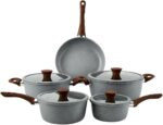 Conjunto de Panelas 5 Peças antiaderente cerâmico, compatível com indução e todos os fogões, com tampas de vidro e alumínio.