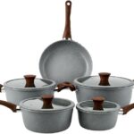 Conjunto de Panelas 5 Peças antiaderente cerâmico, compatível com indução e todos os fogões, com tampas de vidro e alumínio.