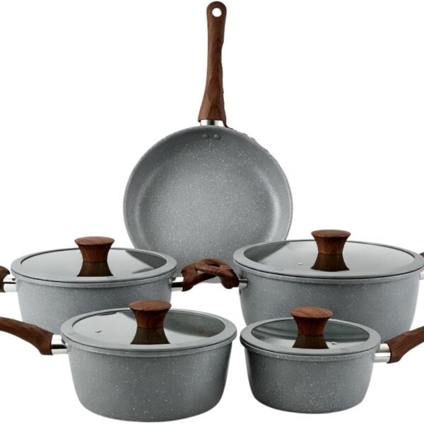 Conjunto de Panelas 5 Peças antiaderente cerâmico, compatível com indução e todos os fogões, com tampas de vidro e alumínio.