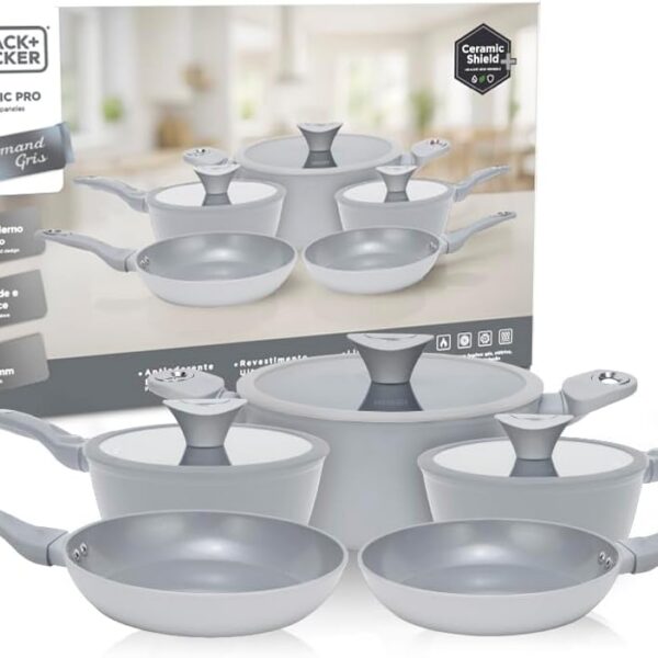 Conjunto de Panelas BLACK+DECKER 5 Peças Ceramic Pro: antiaderente, compatível com indução e tampas de vidro, ideal para sua cozinha.