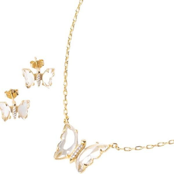 Conjunto feminino folheado a ouro 18k com borboleta e microzircônia cristal, elegância delicada para presentear ou usar no dia a dia.