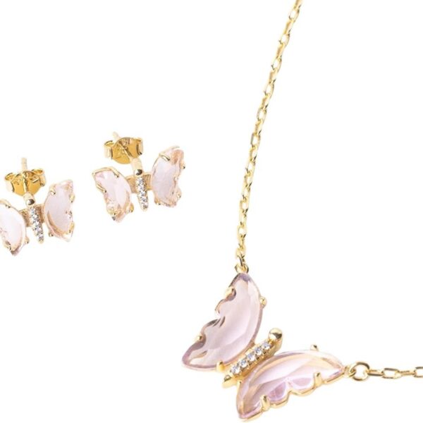 Conjunto semijoia borboleta folheado a ouro 18k com microzircônia cristal: delicadeza e brilho para presentear e usar no dia a dia.