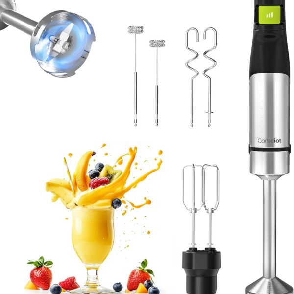 Consciot - Batedeira manual 4 em 1, máx. 1100 W, emulsificante com fio com todo o eixo do misturador feito de aço inoxidável, controle de velocidade do relaxador, para misturar, bater
