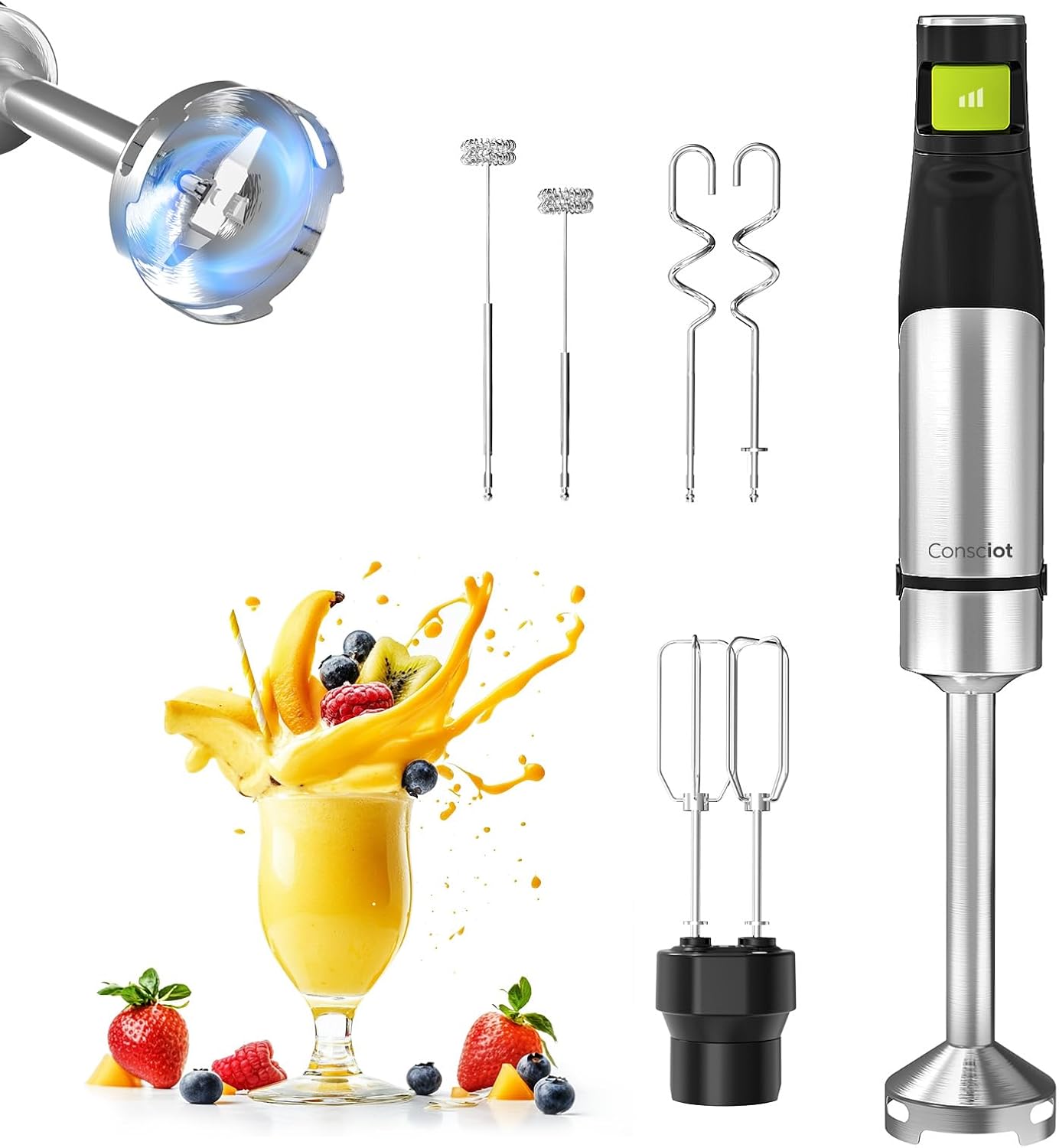Consciot - Batedeira manual 4 em 1, máx. 1100 W, Consciot - Batedeira manual 4 em 1, máx. 1100 W, emulsificante com fio com todo o eixo do misturador feito de aço inoxidável, controle de velocidade do relaxador, para misturar, bater