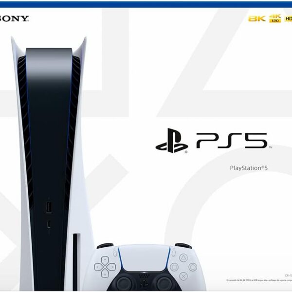 Console PlayStation 5 com SSD ultrarrápido, gráficos 4K, áudio 3D e compatibilidade com jogos PS4 para máxima imersão.