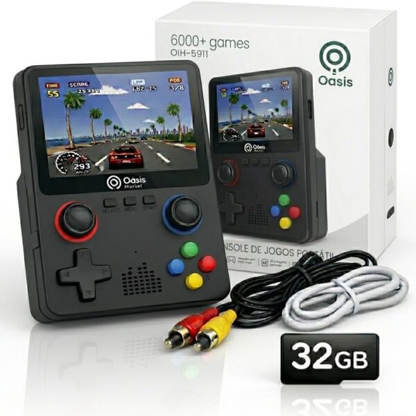 Console Portátil Retrô 6000 Jogos OIH-5911 Oásis Tela 3.5 HD 32GB Bateria Recarregável Saída TV AV Emuladores Clássicos Video Game Retro Portátil (Preta)