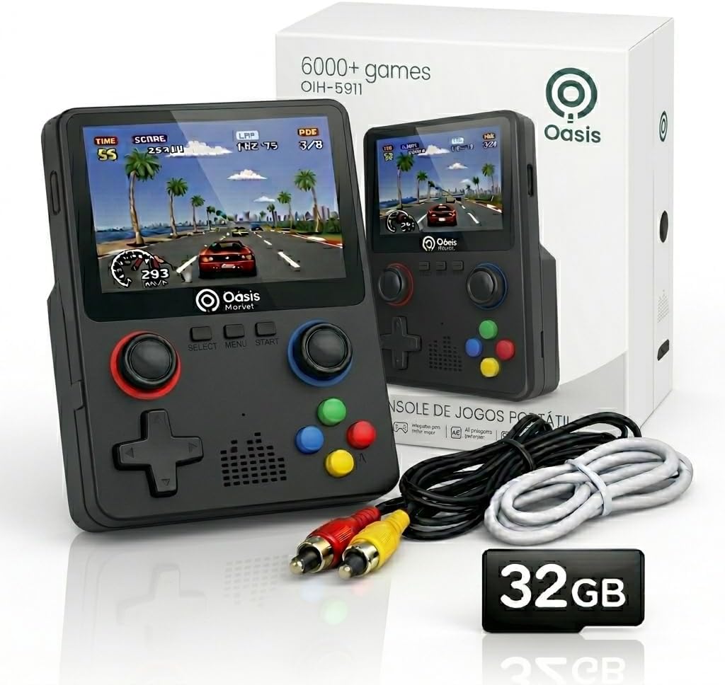 Console Portátil Retrô 6000 Jogos OIH-5911 Oásis Tela 3.5 HD Console Portátil Retrô 6000 Jogos OIH-5911 Oásis Tela 3.5 HD 32GB Bateria Recarregável Saída TV AV Emuladores Clássicos Video Game Retro Portátil (Preta)