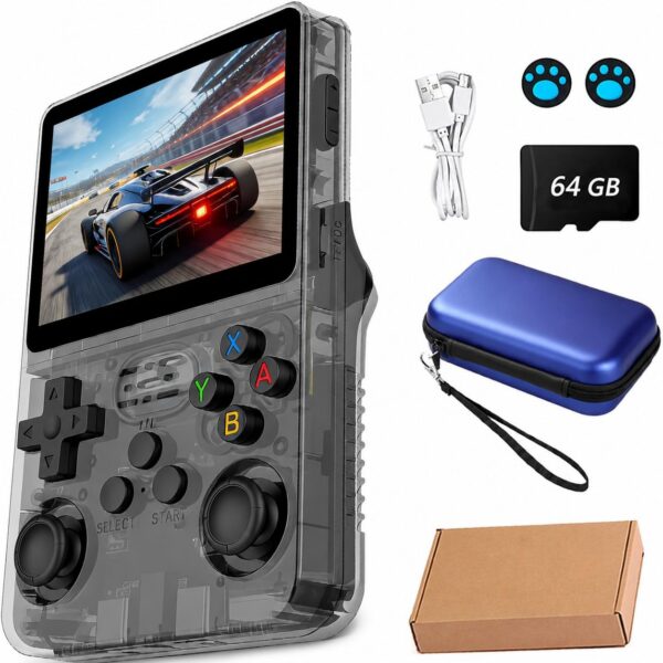 Console de video game portátil R36S Retro de 64 GB, r36s console portatil, mais de 39.000 jogos, Arkos 2.0, tela IPS de 3,5 polegadas, reprodutor de vídeo de bolso (cor：preto)