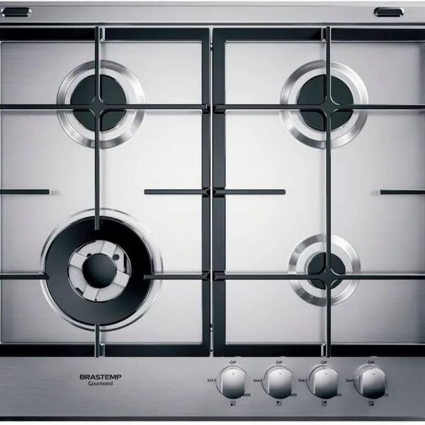 Cooktop 4 bocas Brastemp Gourmand Inox com duplachama e trempe de ferro fundido: praticidade, potência e fácil limpeza.