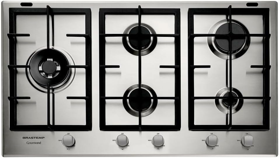 Cooktop 5 bocas Brastemp Gourmand Inox BDK90DR 220V: mesa em Cooktop 5 bocas Brastemp Gourmand Inox BDK90DR 220V: mesa em inox, duplachama e trempe de ferro fundido para cozinhar com mais eficiência.