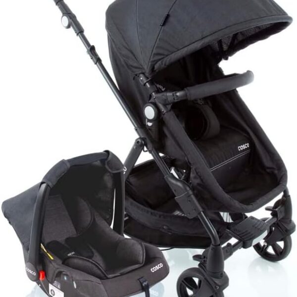 Cosco Kids Travel System Poppy Duo Preto Mescla: conforto, proteção UV30+ e praticidade para passeios e viagens com bebê.