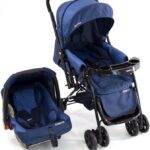 Cosco Kids Travel System Reverse Azul Rajado: alça reversível, 3 inclinações e conforto tipo berço para passeios seguros.