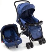 Cosco Kids Travel System Reverse Azul Rajado: alça reversível, 3 inclinações e conforto tipo berço para passeios seguros.