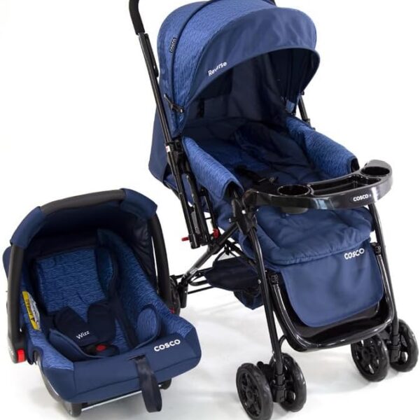 Cosco Kids Travel System Reverse Azul Rajado: alça reversível, 3 inclinações e conforto tipo berço para passeios seguros.