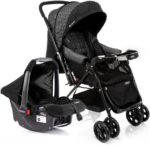 Cosco Kids Travel System Reverse Preto Rajado: conforto e praticidade com bebê conforto, assento reclinável e alça reversa até 15 kg