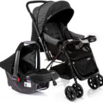 Cosco Kids Travel System Reverse Preto Rajado: conforto e praticidade com bebê conforto, assento reclinável e alça reversa até 15 kg