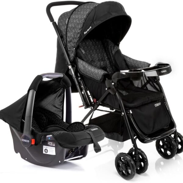 Cosco Kids Travel System Reverse Preto Rajado: conforto e praticidade com bebê conforto, assento reclinável e alça reversa até 15 kg